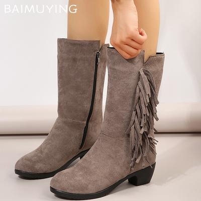 Замшевые Массивные Женские Высокие Сапоги Дизайнерские Кисточки Средний Каблук Ретро Сапоги до Середины Икры Новый Бренд 2025 Тренд Туфли Зимние Ботас Де Мухер