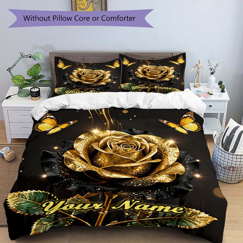 3PC Custom Name Golden Rose Elegance Bedding Set Duvet Cover Closure Includes 1 Duvet Cover & 2 Pillowcases for Bedroom