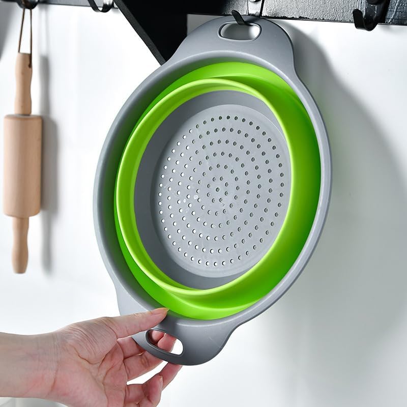 2 Pack Collapsible Colander Set, Emptycolor Foldable Collapsible Strainers for Kitchen, Small Round Colander with Base and Handles for Pasta, Fruit,
