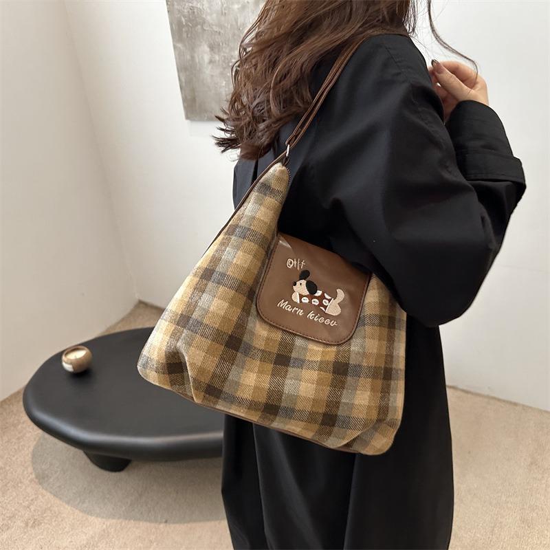 Version cartoon puppy backpack bag women's new college plaid tote bag versatile largecapacity shoulder bag
