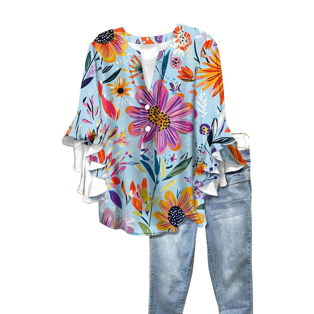 Summer Women's Tops V Neck Three Quarter Sleeve Shirt Vintage Floral Print Tops Casual Shirts