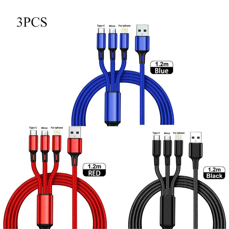 1-4Pcs 3 In 1 USB Charger Fast Charging Cable Type C Micro IOS Multi Charger Cable for iPhone Huawei Samsung Nylon Braided Cord