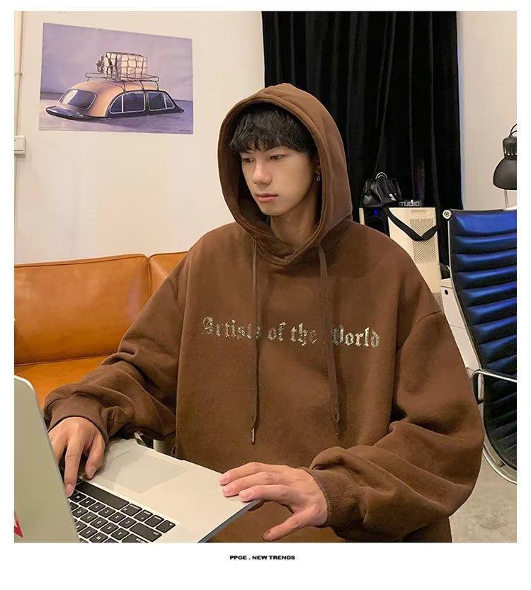 Men's Trendy American-Style Hooded Sweatshirt: Plus Velvet, Loose Fit, Casual Jacket for Teens - Ideal for Autumn and Winter.