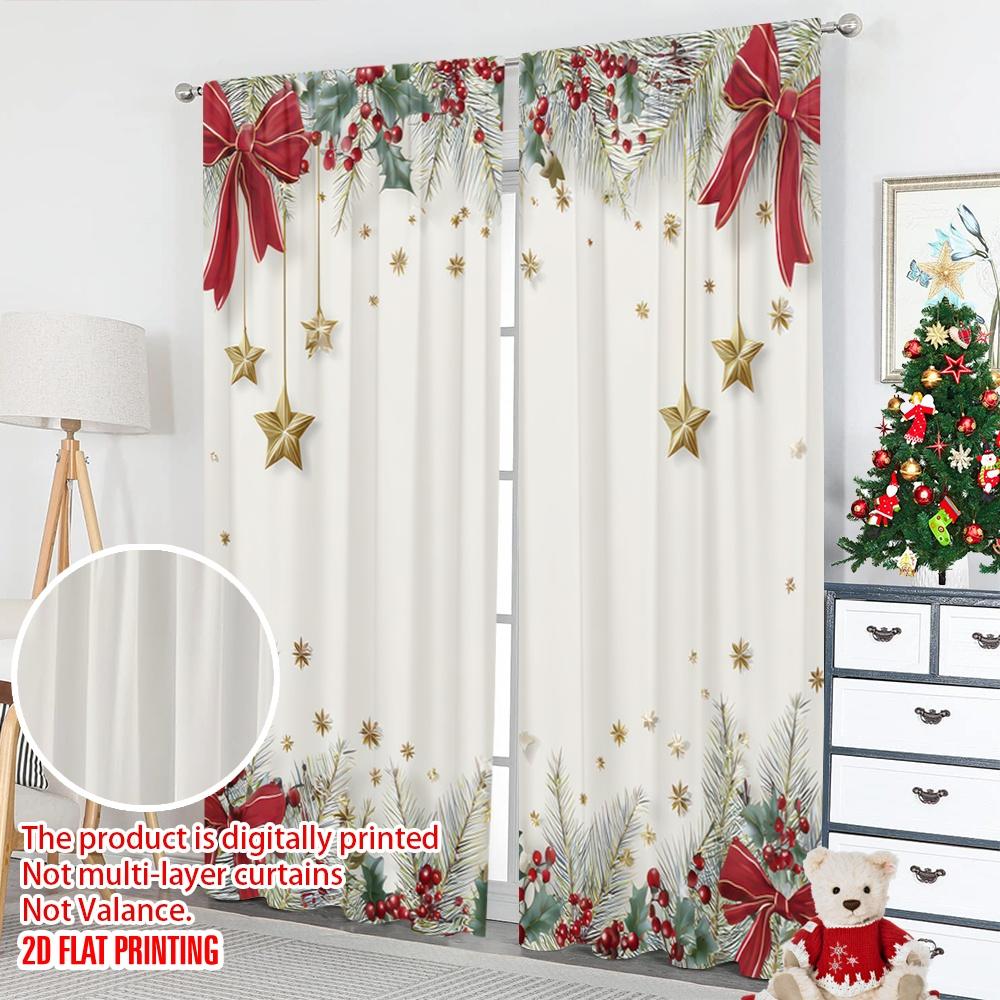 2D flat printing 2pcs Curtains Christmas Garland Stars Ribbon Holly Digital Printed Polyester Drapes Party Decorations for New