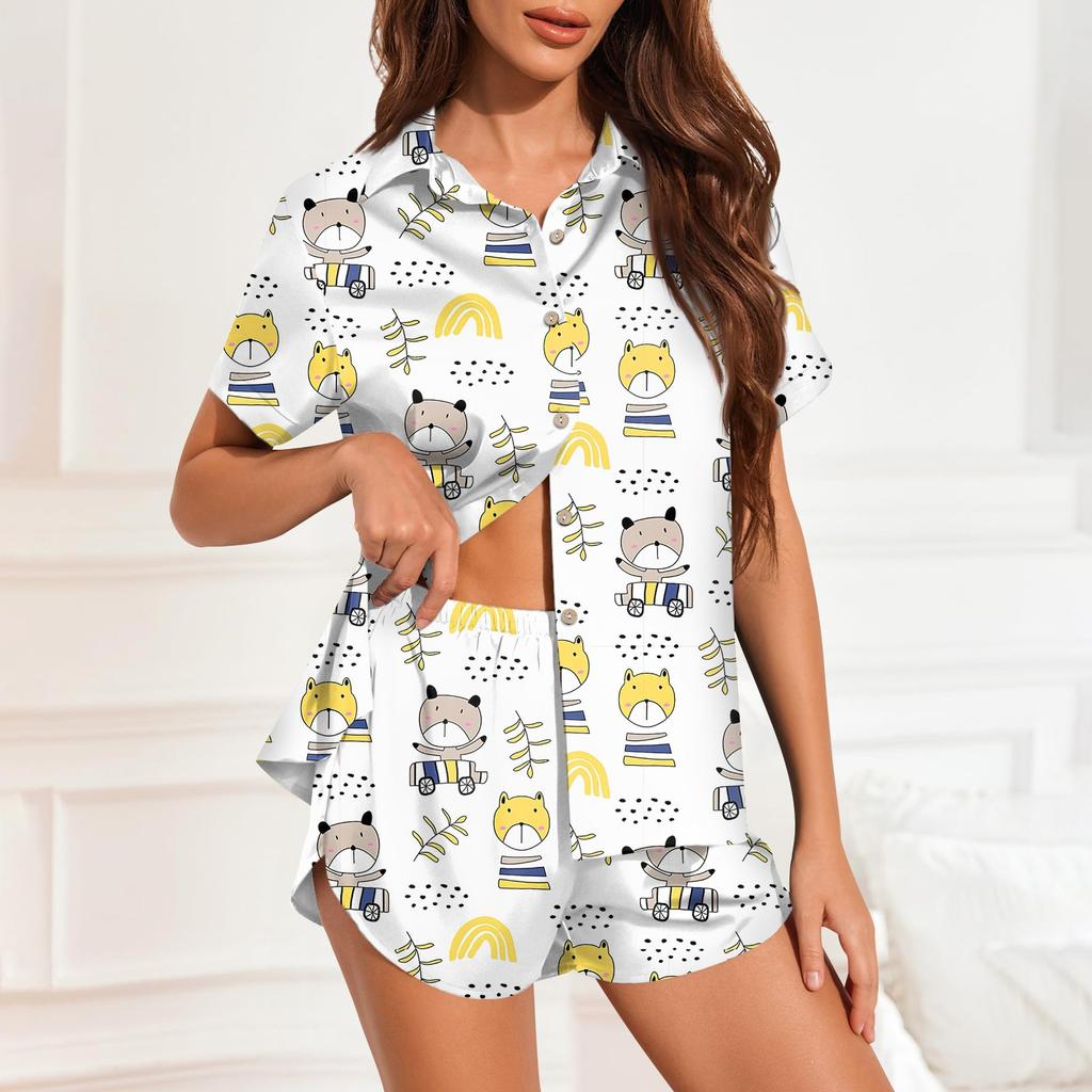 Женская шелковая пижама с пуговицами, домашняя одежда, принт со звездами, короткий рукав, атласный пижамный комплект из 2 предметов