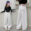Children Vintage White Straight Jeans with Bows For Girls Spring Slim Loose Denim Pants Kids Teenager Casual Jeans Trousers