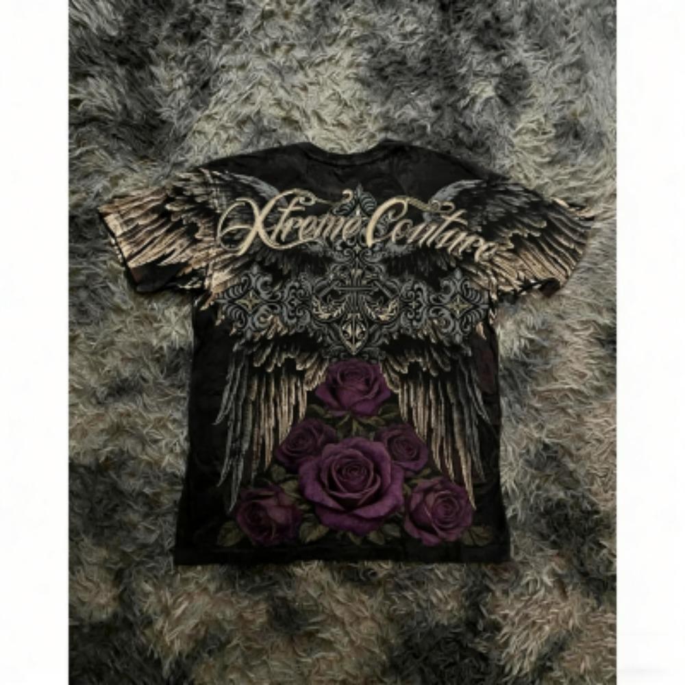Summer Men's T-shirt Gothic Rose Cross Wing Print Tees Round Neck T-shirt Outdoor Street Style Top Casual Women's Clothing