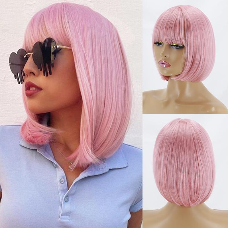 LISI HAIR Women Pink Hair with Bangs Synthetic Cosplay Pink Wig Shoulder Length Straight Bob Green Purple Blonde Halloween Wig