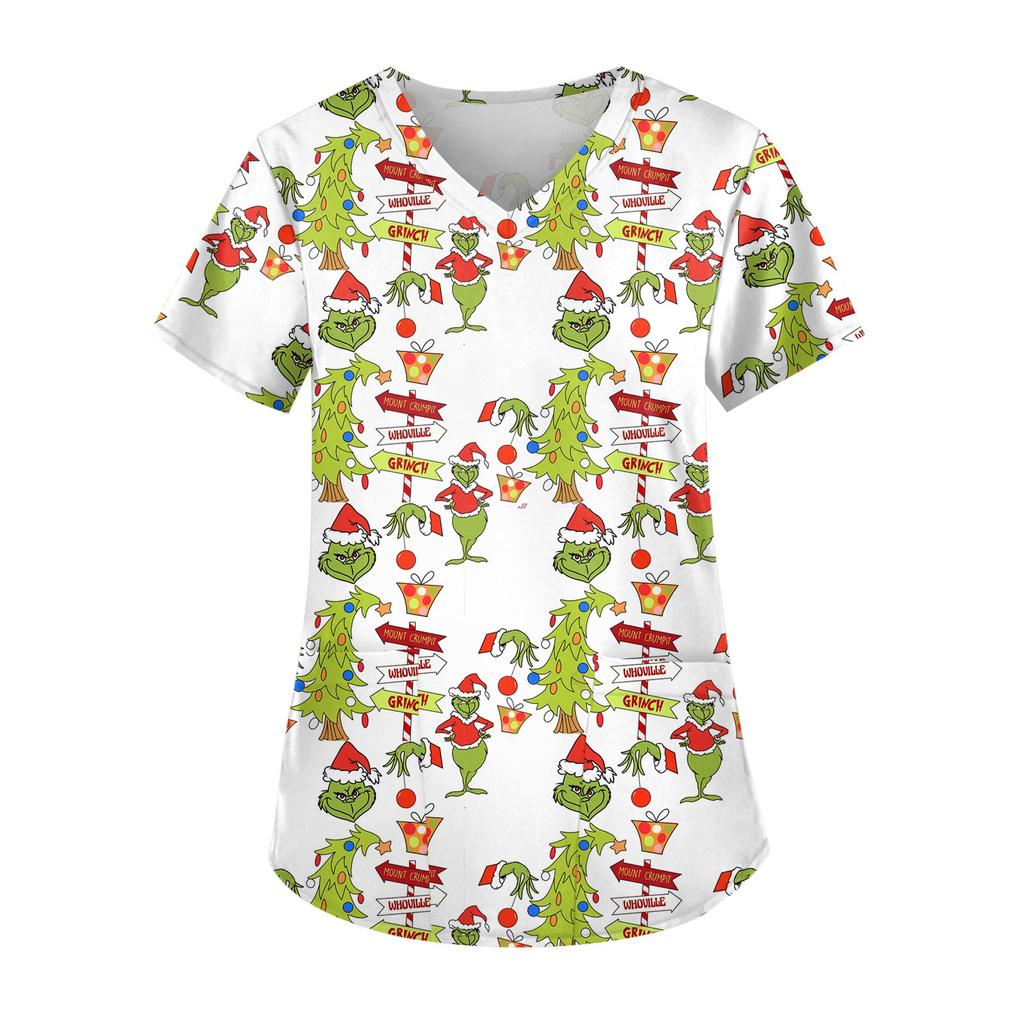 Женская симпатичная рабочая одежда с принтом, V-образным вырезом, двухслойными карманами, базовым коротким рукавом, пуловером на Рождество