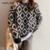 Women's Argyle Sweater Long Sleeve Vintage Female Pullover Fall Winter Korean Jumpers Loose Casual Knitwear Tops