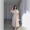European & American Solid Color Round Neck Short Sleeve Slim Fit Long Dress with Waist Belt