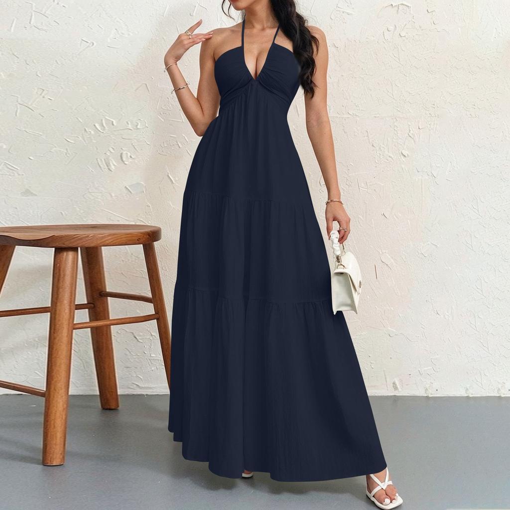 Women's Summer Casual Fashion Solid Color Dresses V-Neck Sleeveless Dresses