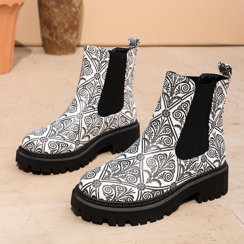 Fashion 2025 Women's Pattern Chelsea Boots Spring Autumn Thick Heel Round Toe Square Heel Thick Sole Comfortable Ankle Boots