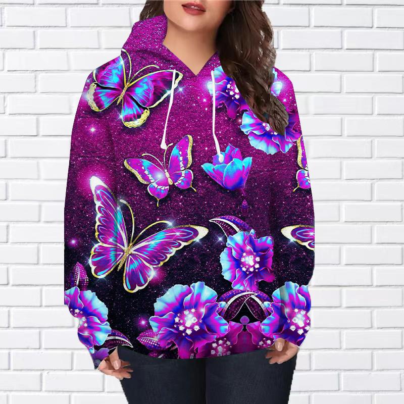 Женская мода розовая бабочка принт свободные толстовки топы блузка свитшот повседневный длинный рукав пуловер топы