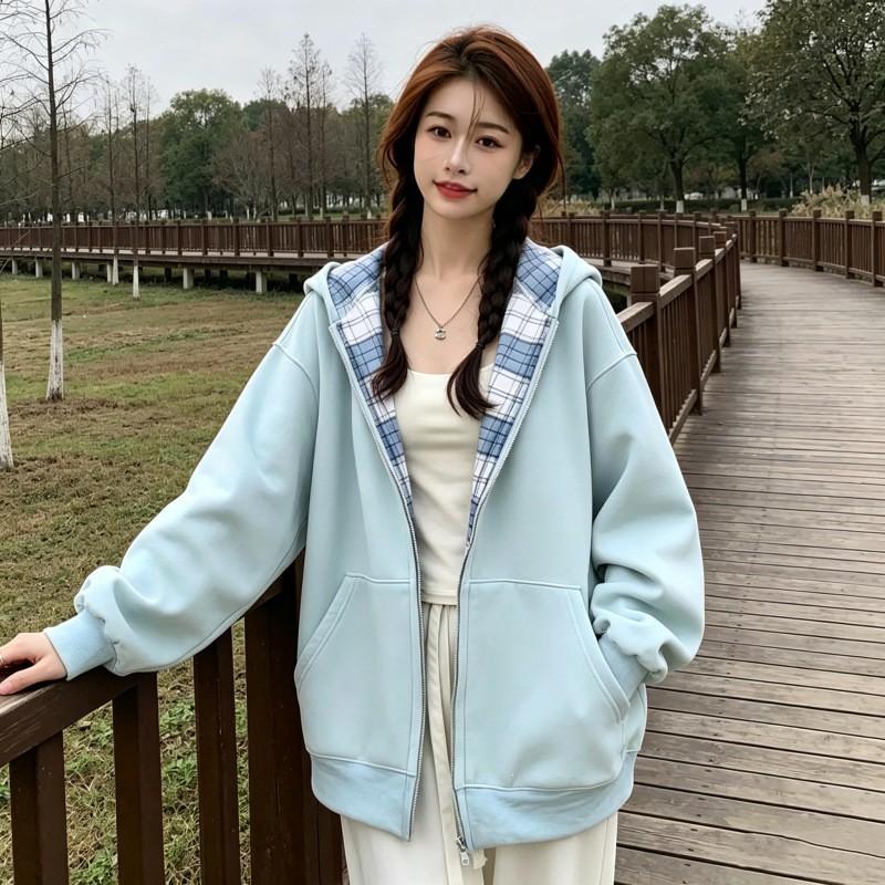 Womens Plaid Zip-Up Hooded Sweatshirt Oversize Loose Casual Jacket