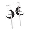 Personality Gothic Stainless Steel Sliver Color Long Sword Black Moon Dangle Earrings for Women Halloween Demon Style Jewelry