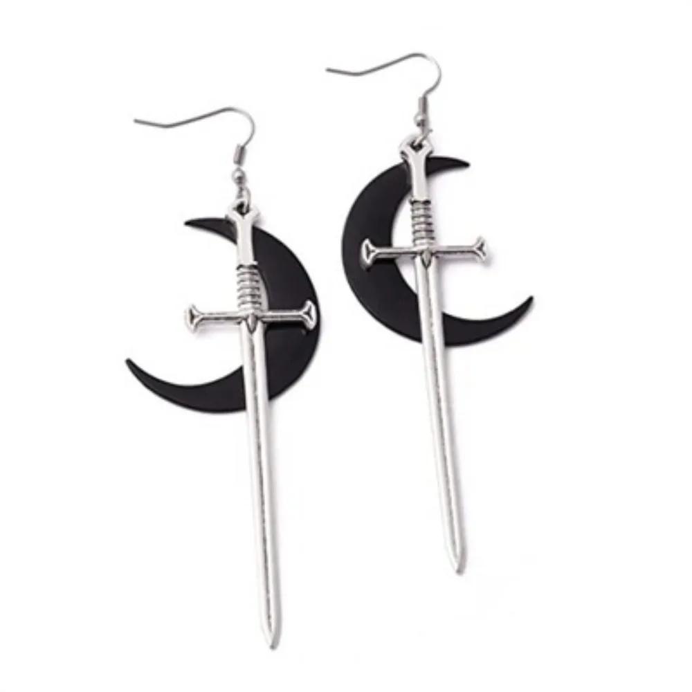 Personality Gothic Stainless Steel Sliver Color Long Sword Black Moon Dangle Earrings for Women Halloween Demon Style Jewelry