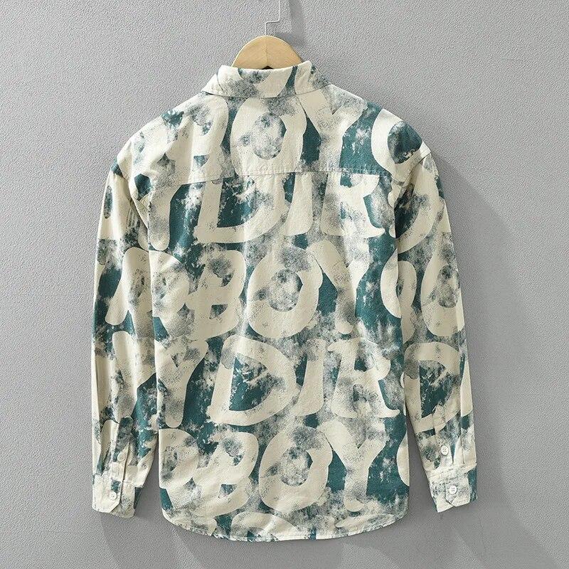 Весенние рубашки с принтом для мужчин, уличная одежда для мальчиков, свободные повседневные топы с длинными рукавами, лацканы, 100% хлопок, мужская одежда