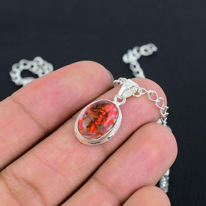 Red Rutile 10x14 S Lock Chain Pendant HandCrafted Fine Polished 925 Sterling Silver Pendant with Morden Design Gift for Wedding Bridal