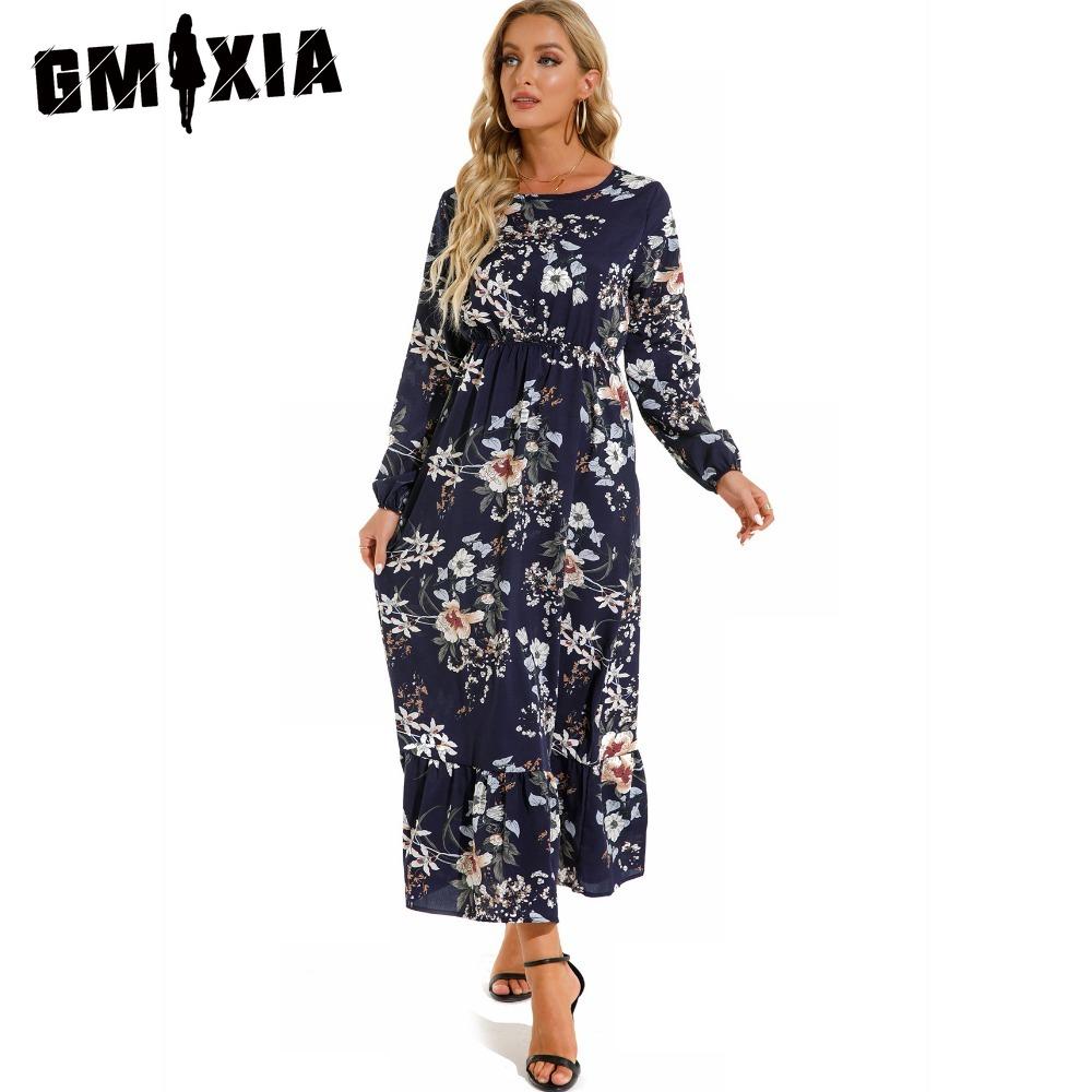 GMXIA Весна Лето Богемный Женское Макси Платье Повседневный Длинный Рукав Высокая Талия Пляжное Платье Женские Цветочные Шифоновые Платья Vestidoes Mujer Новинка