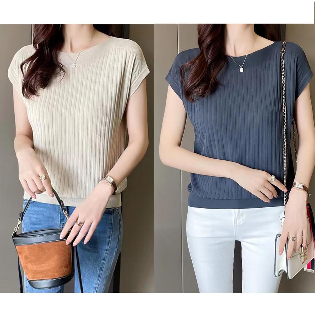 French Sleeve Summer Knit Cut and Sew Thin Ribbed Knit Boat Neck Top Solid Color Spring Summer [jinghuiyue] Women's JJP0073CA-XL