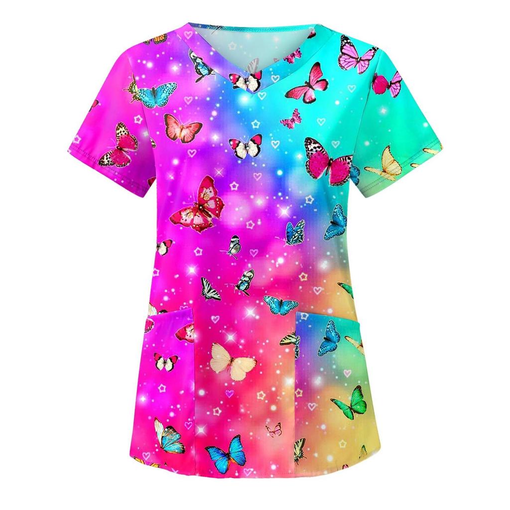 Women Fashion Butterfly Print V-neck Short Sleeve Workwear With Pockets Tops