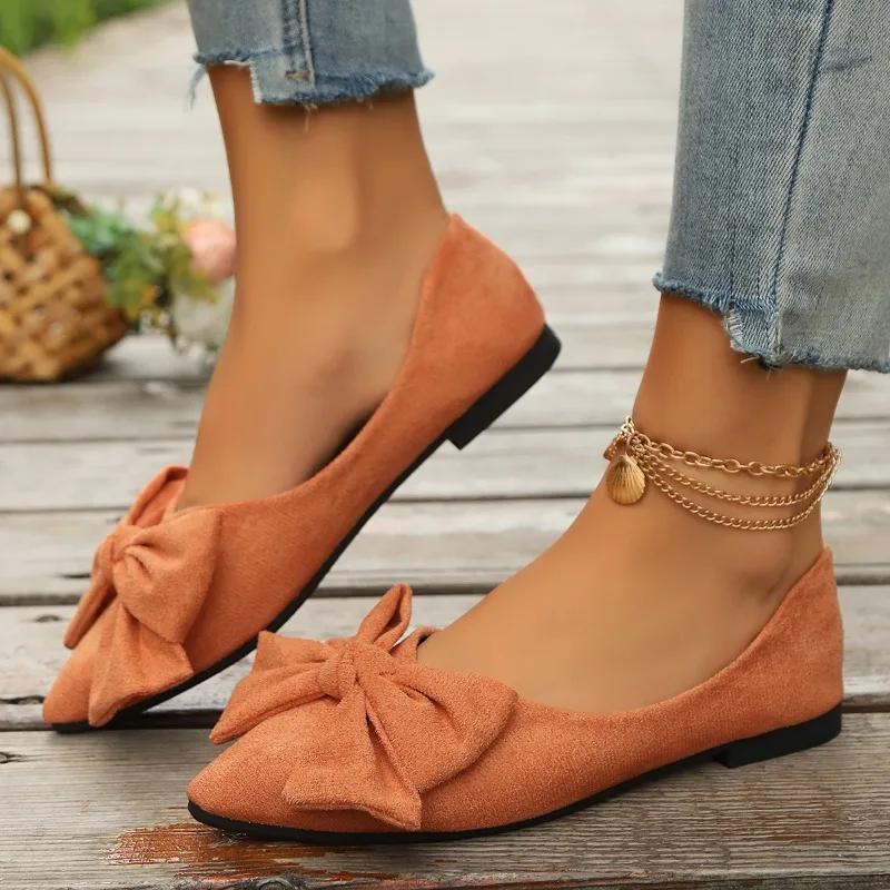 2024 Summer Fashionable and Comfortable Pointed Simple Bow Casual Large Size Wear-Resistant Women's Flat Shoes Zapatos Mujer