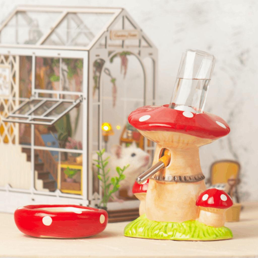 Ceramic Hamster House Mushroom Shaped Pet Habitat Nest Indoor Cartoon Sturdy Hamster Hide Bed For Small Animal Food Bowl