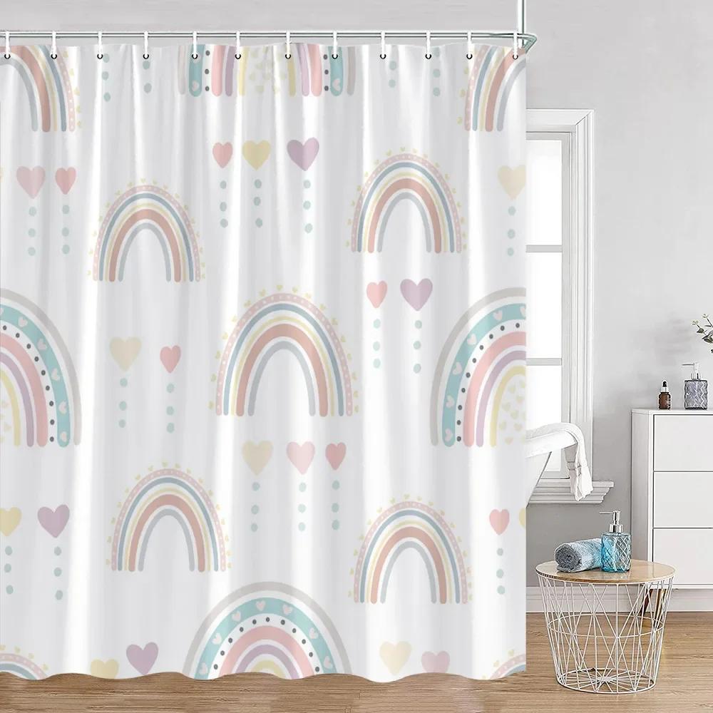 Cute Rainbow Heart Pattern Shower Curtain Children's Simple Modern Bathtub Decorative Polyester Bathroom Shower Curtain