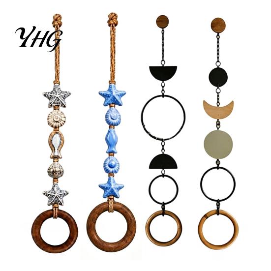 Bohemian Style Home Accents Beaded Towel Hanger, Wall Mounted Wood Ring Hand Boho Holder for Bathroom Holder, Decorative Hemp Rope Storage Rack