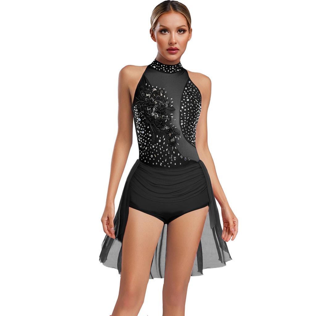 Womens Sparkly Latin Dance Wear Rhinestone Applique Sleeveless Back Hollow Skirted Leotard Gymnastics Bodysuit