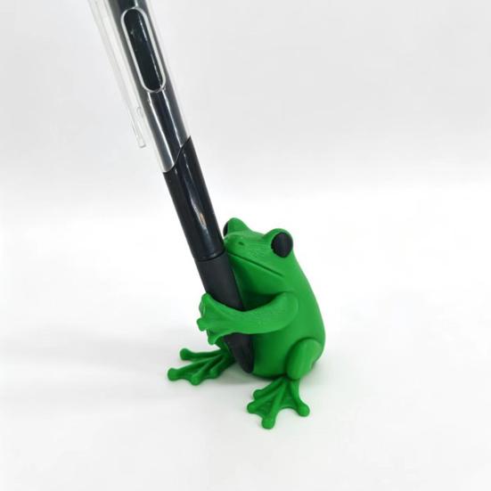 3D Printed Cute Frog Pen Holder, Bright Green Pen Stand with Pen-Grabbing Structure, Anti-Slip Desktop Organizer for Pens & Makeup Brushes, Creative