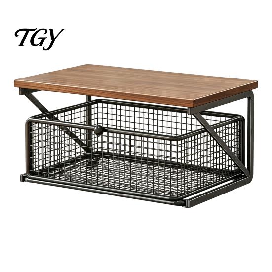 Compact Coffee Organizer Station with Drawer, Tiered Bar Organizer, Wooden Top Shelf, Desktop Storage Shelf Wire Mesh Drawers for Tea Bags, Capsules,