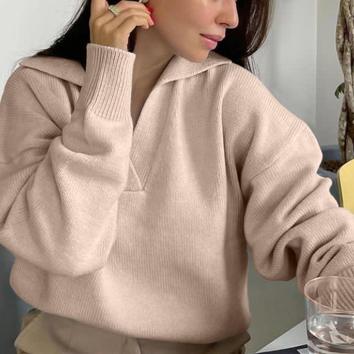 Autumn and Winter Alpaca Polo Collar Women's Fashionable Simple Solid Color Casual Knitted Sweater