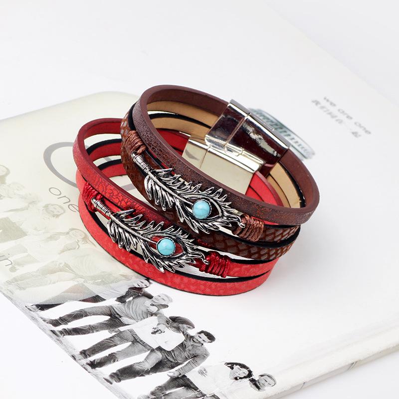 Qi Nuo Multi-Layer Leather Bracelet with Buckle and Feather Charm