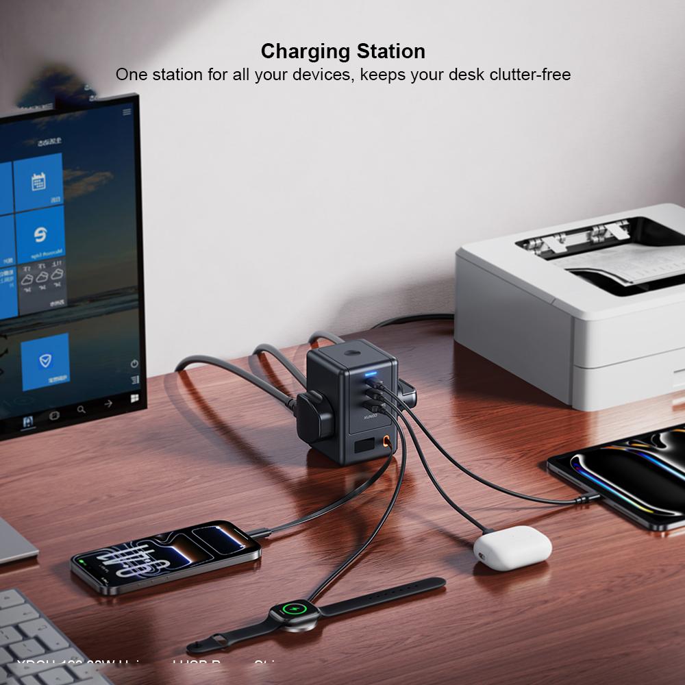 XUNDD XDCH-123 PD 30W Universal USB Power Strip with Retractable Cable Desktop Charging Station, 2 AC + 3 USB-C + 1 USB-A