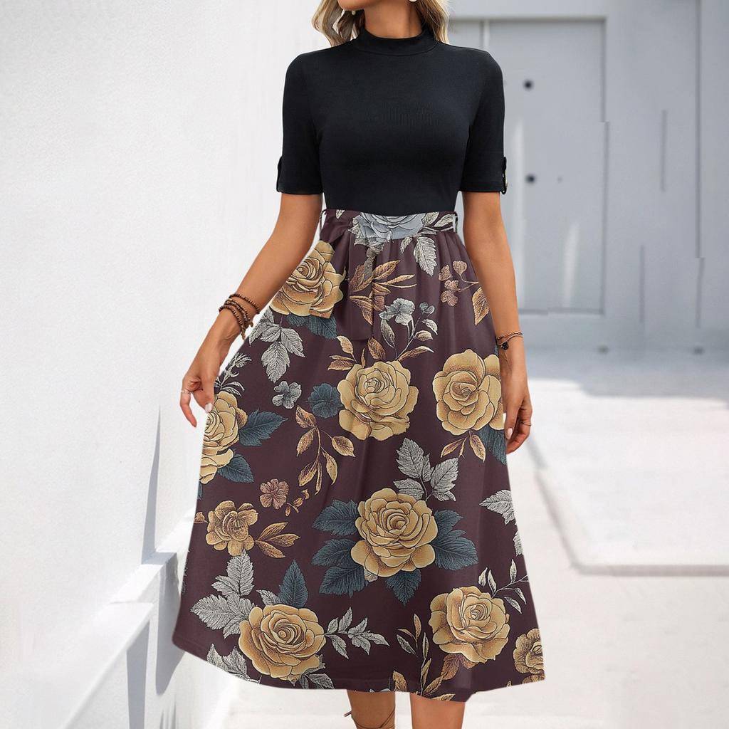 Женское модное повседневное платье с коротким рукавом и круглым вырезом с цветочным принтом и элегантным темпераментом