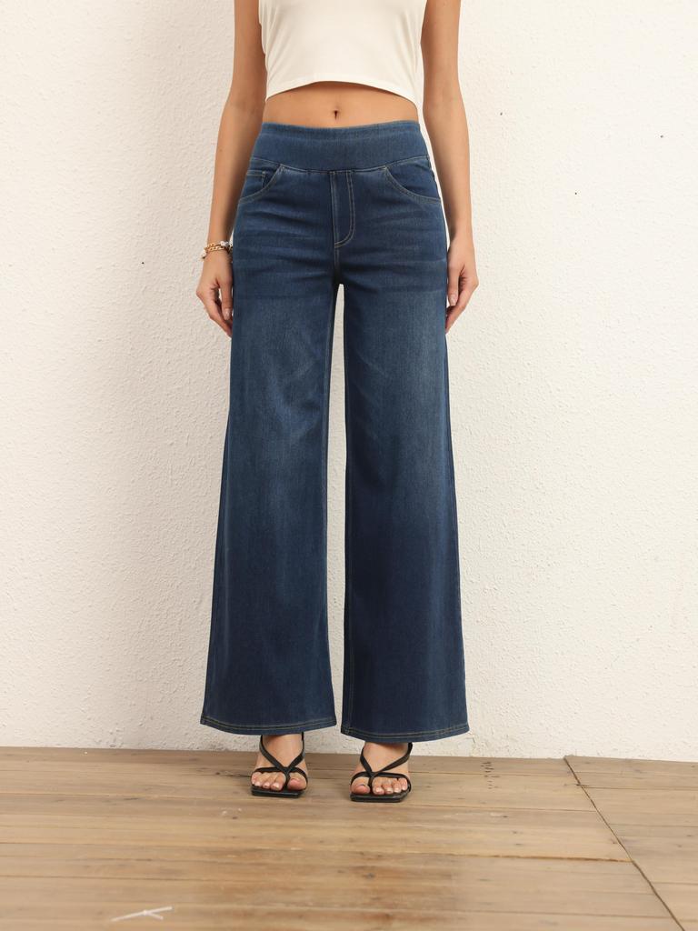 Shascullfites Джинсы со средней талией и широкими штанинами для женщин, эластичные темно-синие джинсы, повседневные брюки свободной посадки с карманами