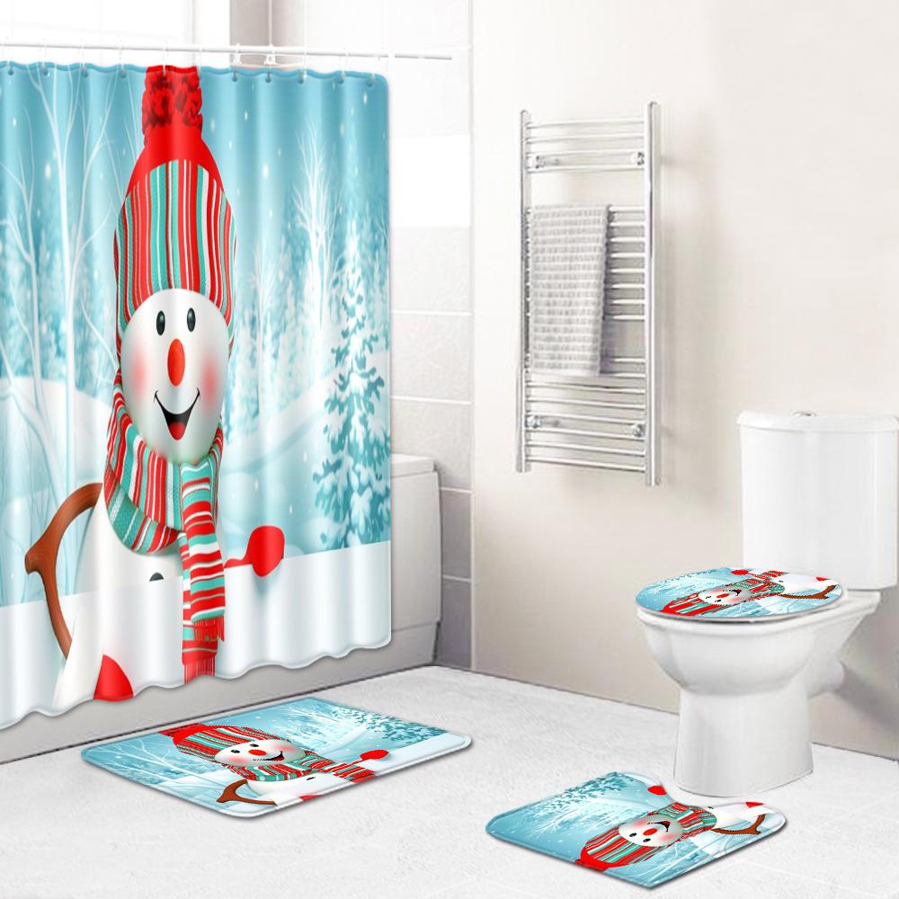 Christmas Waterproof Shower Curtain Four-Piece Floor Mat Combination Bathroom Water-Absorbing Non-Slip Carpet Door Mat Foot Mat