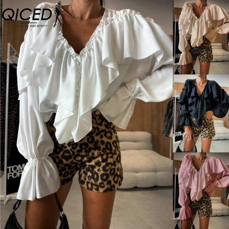 QICED Женские модные повседневные однотонные блузки и рубашки с v-образным вырезом и длинным рукавом с принтом