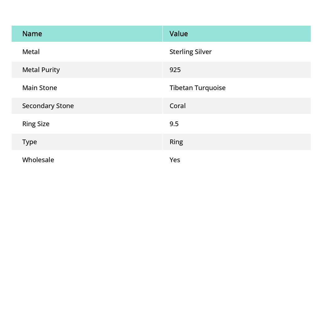 Кольцо из натурального тибетского бирюзового, кораллового серебра 925 пробы, размер 9,5 r0m64