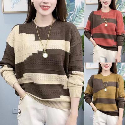 Женский свитер контрастных цветов на весну и осень, универсальный свитер, повседневный свитер с круглым вырезом и длинными рукавами