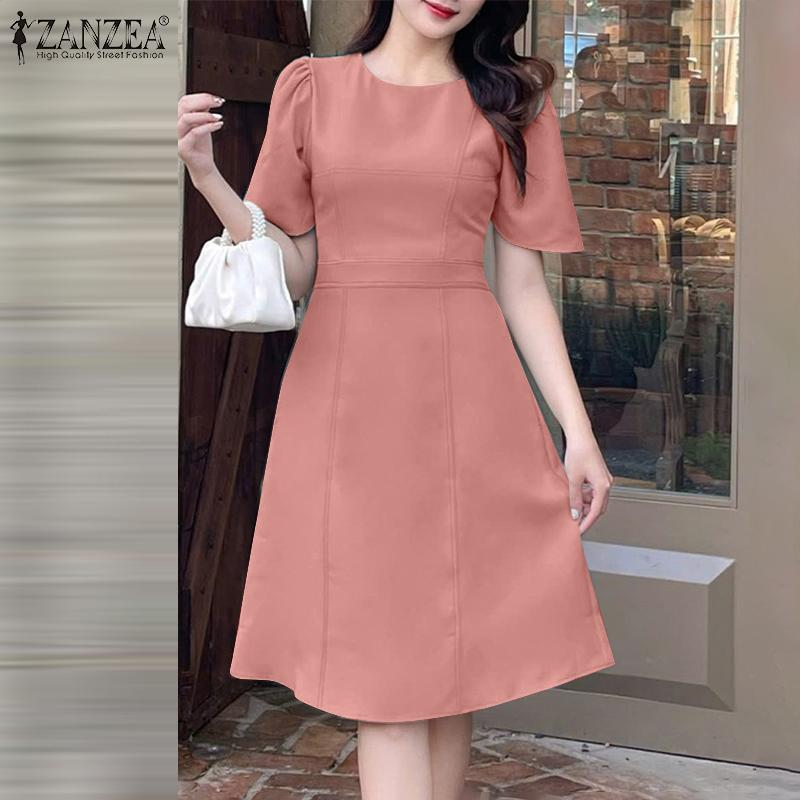 ZANZEA Женское летнее круглое шею однотонное повседневное платье с коротким рукавом