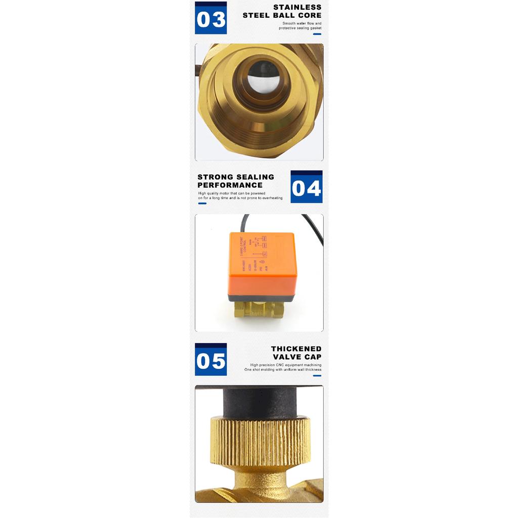 Motorized Brass Ball Valve Electric 2-Way/3-Way DN15-DN20 12V 24V 220V HVAC Fan Coil Solar PTFE IP65 Actuator