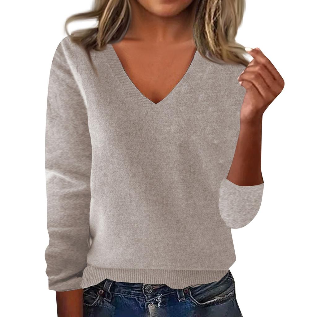 Женская мода свободный V-образный вырез длинный рукав нижняя часть рубашки верх вязаный свитер