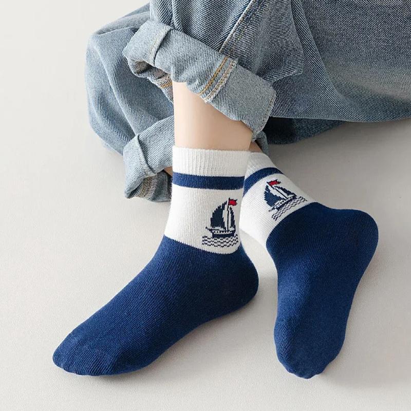 5Pairs/Set Cute Baby Boy Socks Autumn Winter Cotton Kids Mid Tube Sock Vintage Navy Blue Striped Children Athletic Socks