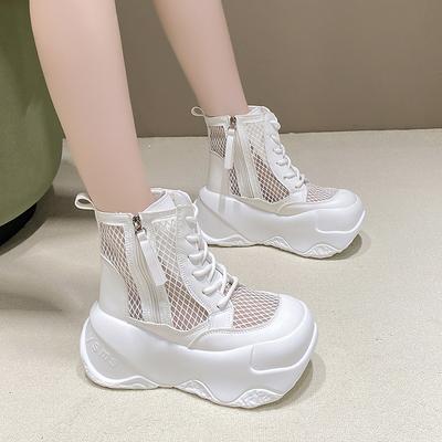 Модные женские летние сетчатые ботинки 2025 Дышащие сетчатые кроссовки Ботильоны на высокой платформе с вырезами для женщин На шнуровке Уличная массивная обувь