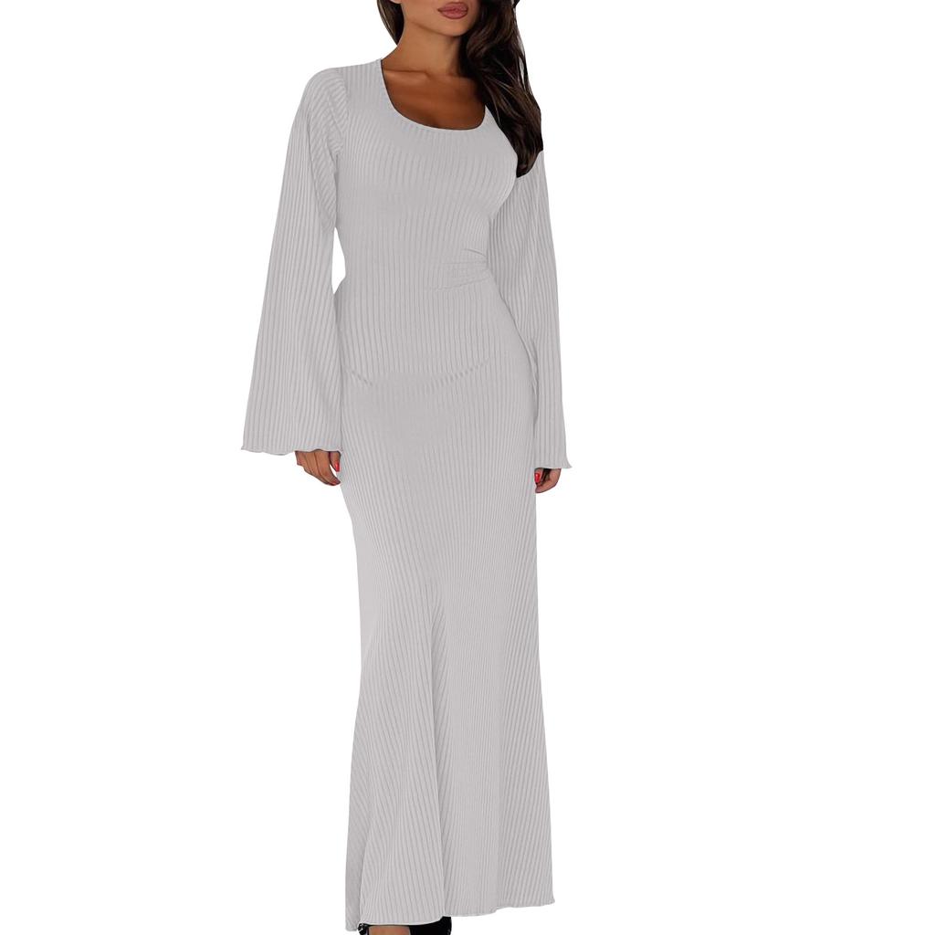 Женское элегантное трикотажное платье с завязкой на талии, платье макси с роговыми рукавами для женщин, однотонное длинное платье с U-образным вырезом, облегающее осеннее платье в рубчик