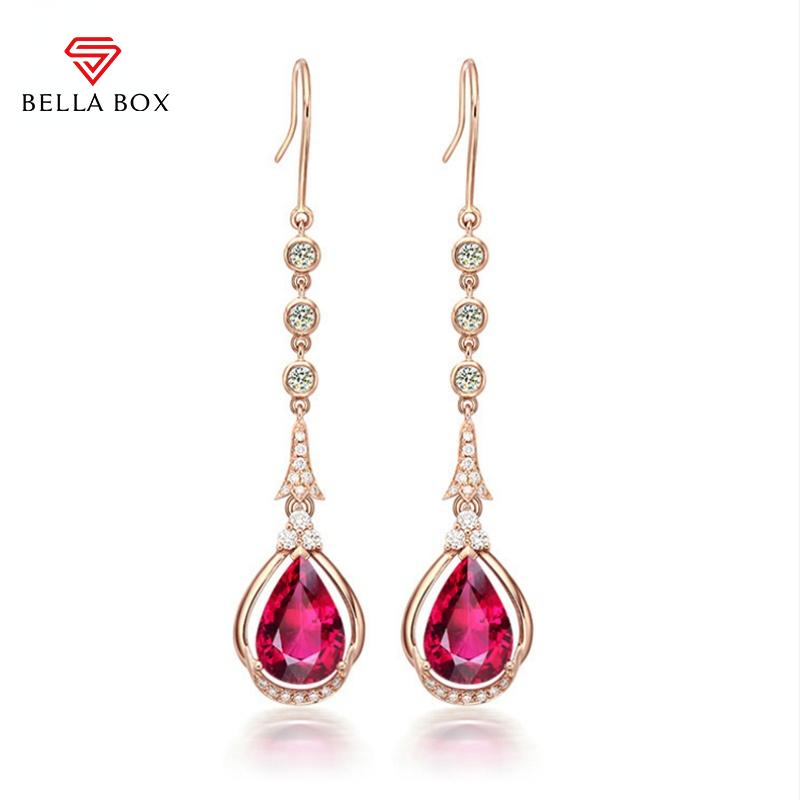 BELLA BOX Charms Long Earrings For Women Water Drop Shaped Gemstone Ruby Elegant Female