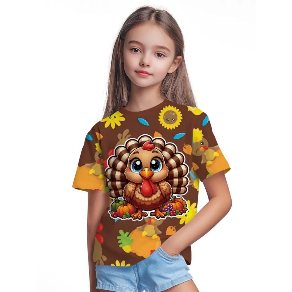 Одежда для девочек футболка с коротким рукавом с 3D-принтом индейки на День благодарения повседневная праздничная мультяшная футболка для мальчика летний детский топ
